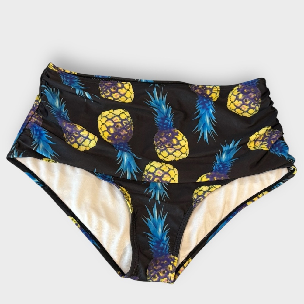 Tropical Electric Pineapple High Waist Bikini Bottom Size Large lightly ruched